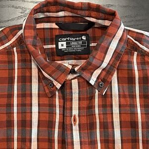 Carhartt Men's Loose Fit Short Sleeve Pockets Red Purple Plaid Shirt Medium, M